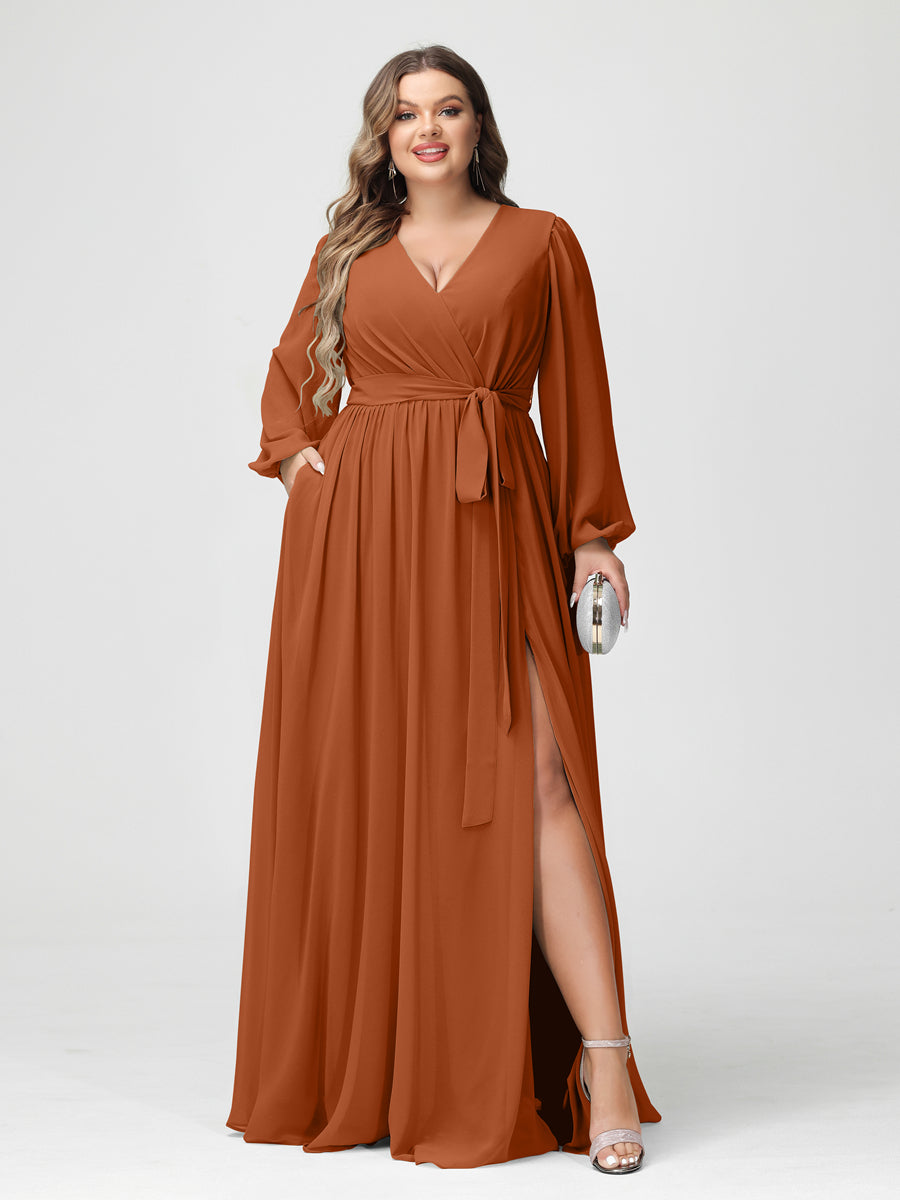A-Line/Princess V-Neck Long Sleeves Chiffon Plus Size Bridesmaid Dresses with Pockets Burnt Orange