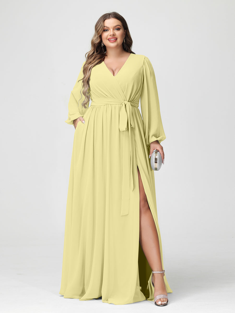A-Line/Princess V-Neck Long Sleeves Chiffon Plus Size Bridesmaid Dresses with Pockets Canary