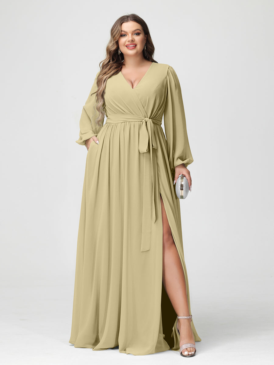 A-Line/Princess V-Neck Long Sleeves Chiffon Plus Size Bridesmaid Dresses with Pockets Champagne