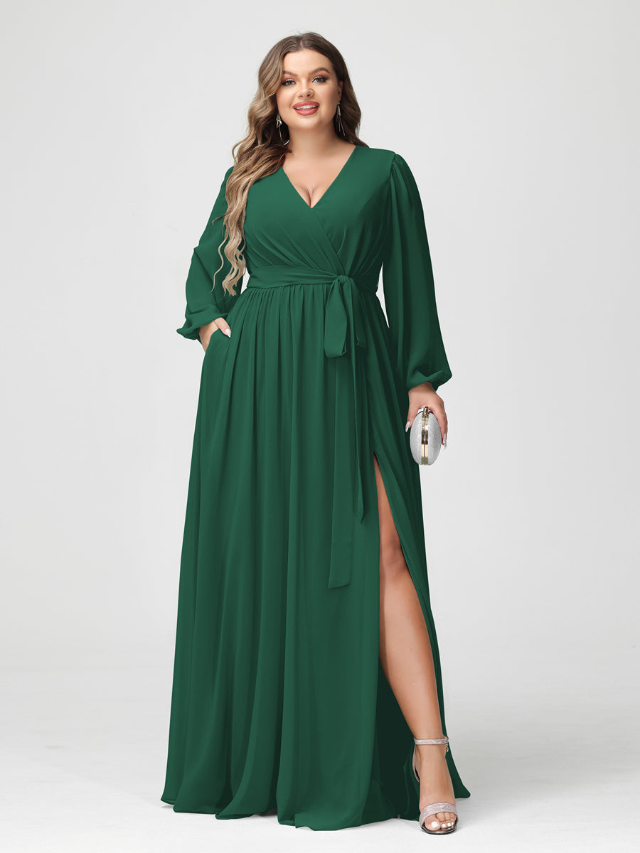A-Line/Princess V-Neck Long Sleeves Chiffon Plus Size Bridesmaid Dresses with Pockets Dark Green