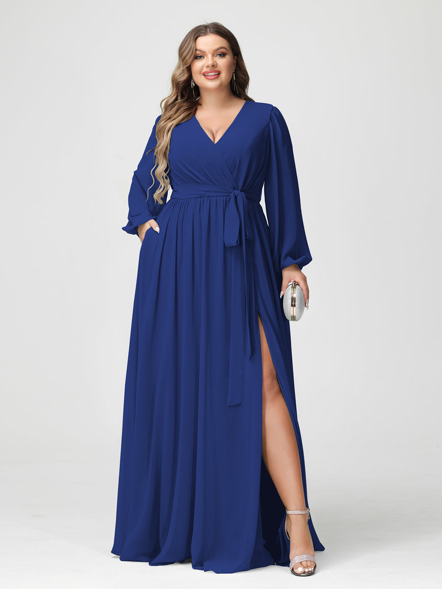 A-Line/Princess V-Neck Long Sleeves Chiffon Plus Size Bridesmaid Dresses with Pockets Dark Royal Blue