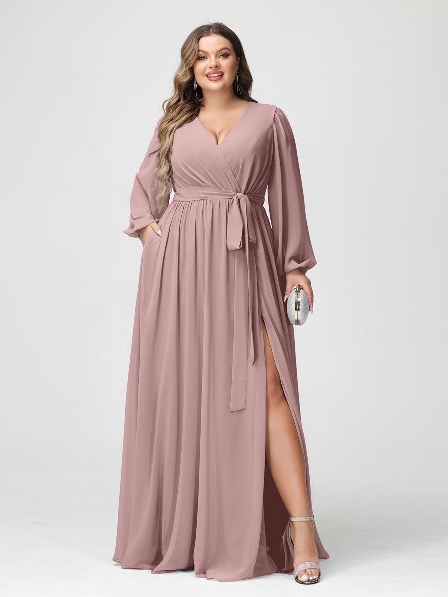 A-Line/Princess V-Neck Long Sleeves Chiffon Plus Size Bridesmaid Dresses with Pockets Dusty Pink