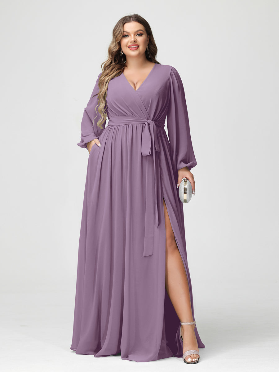 A-Line/Princess V-Neck Long Sleeves Chiffon Plus Size Bridesmaid Dresses with Pockets Dusty Purple