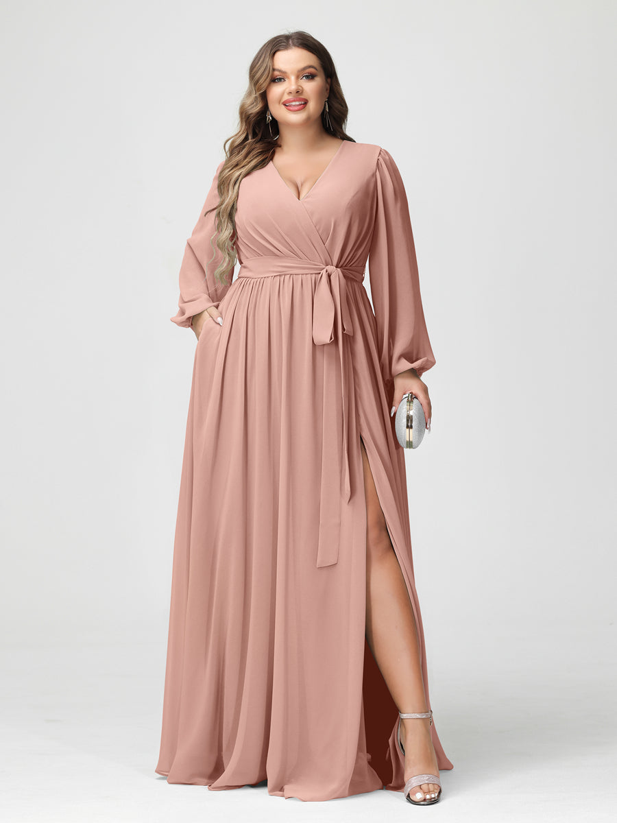A-Line/Princess V-Neck Long Sleeves Chiffon Plus Size Bridesmaid Dresses with Pockets Dusty Rose