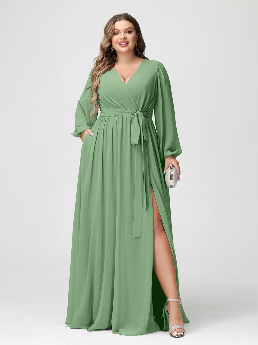 A-Line/Princess V-Neck Long Sleeves Chiffon Plus Size Bridesmaid Dresses with Pockets Dusty Sage