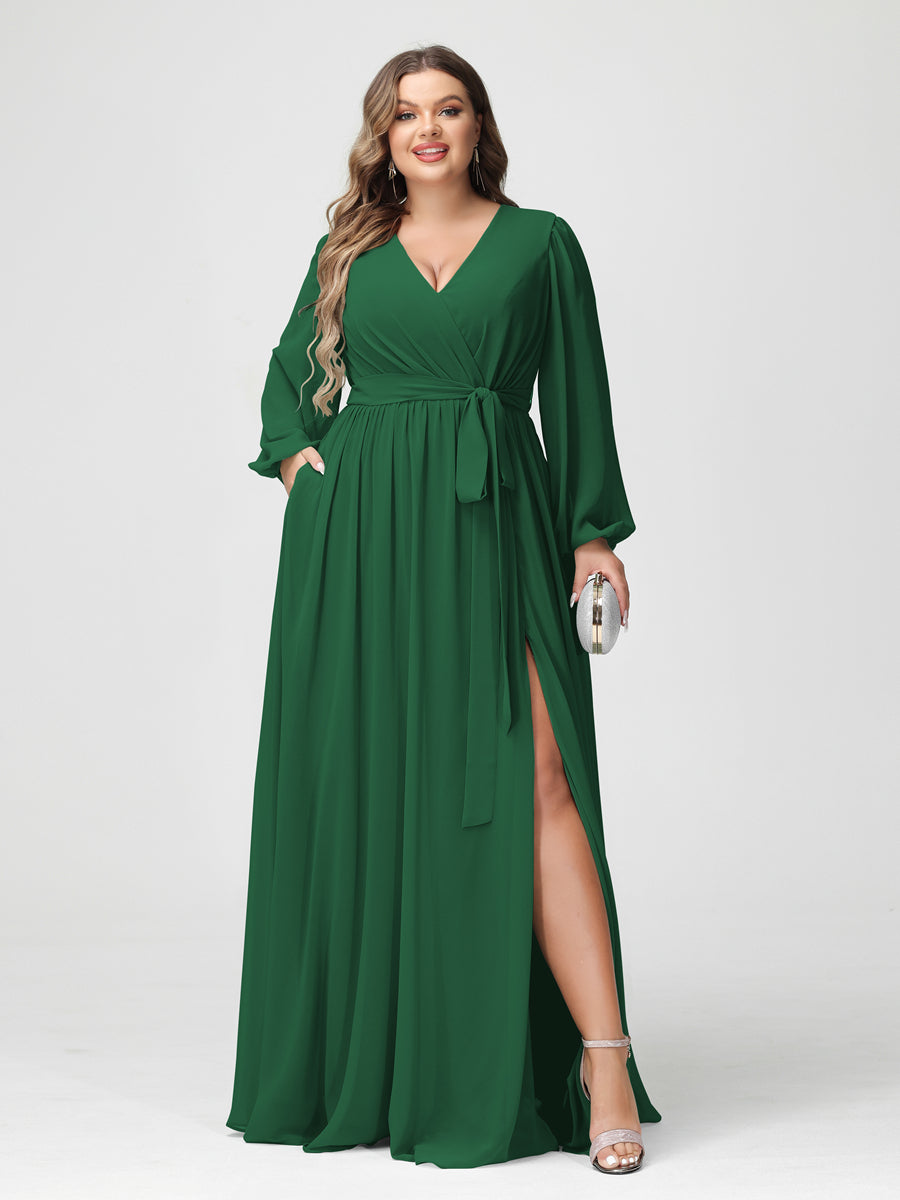 A-Line/Princess V-Neck Long Sleeves Chiffon Plus Size Bridesmaid Dresses with Pockets Emerald