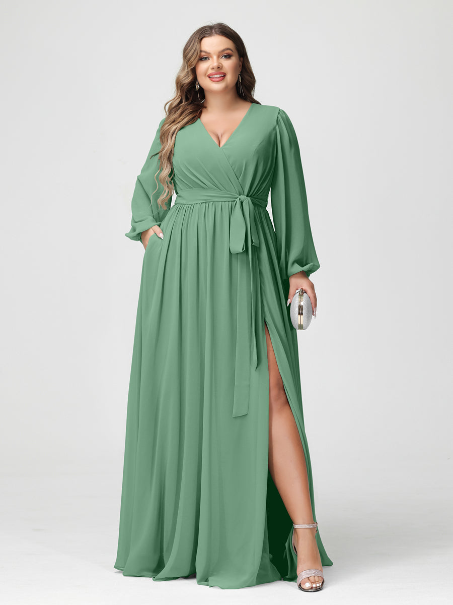 A-Line/Princess V-Neck Long Sleeves Chiffon Plus Size Bridesmaid Dresses with Pockets Eucalyptus