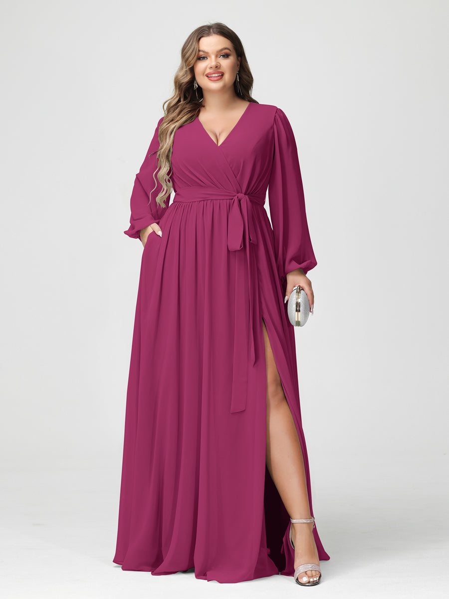 A-Line/Princess V-Neck Long Sleeves Chiffon Plus Size Bridesmaid Dresses with Pockets Fuchsia