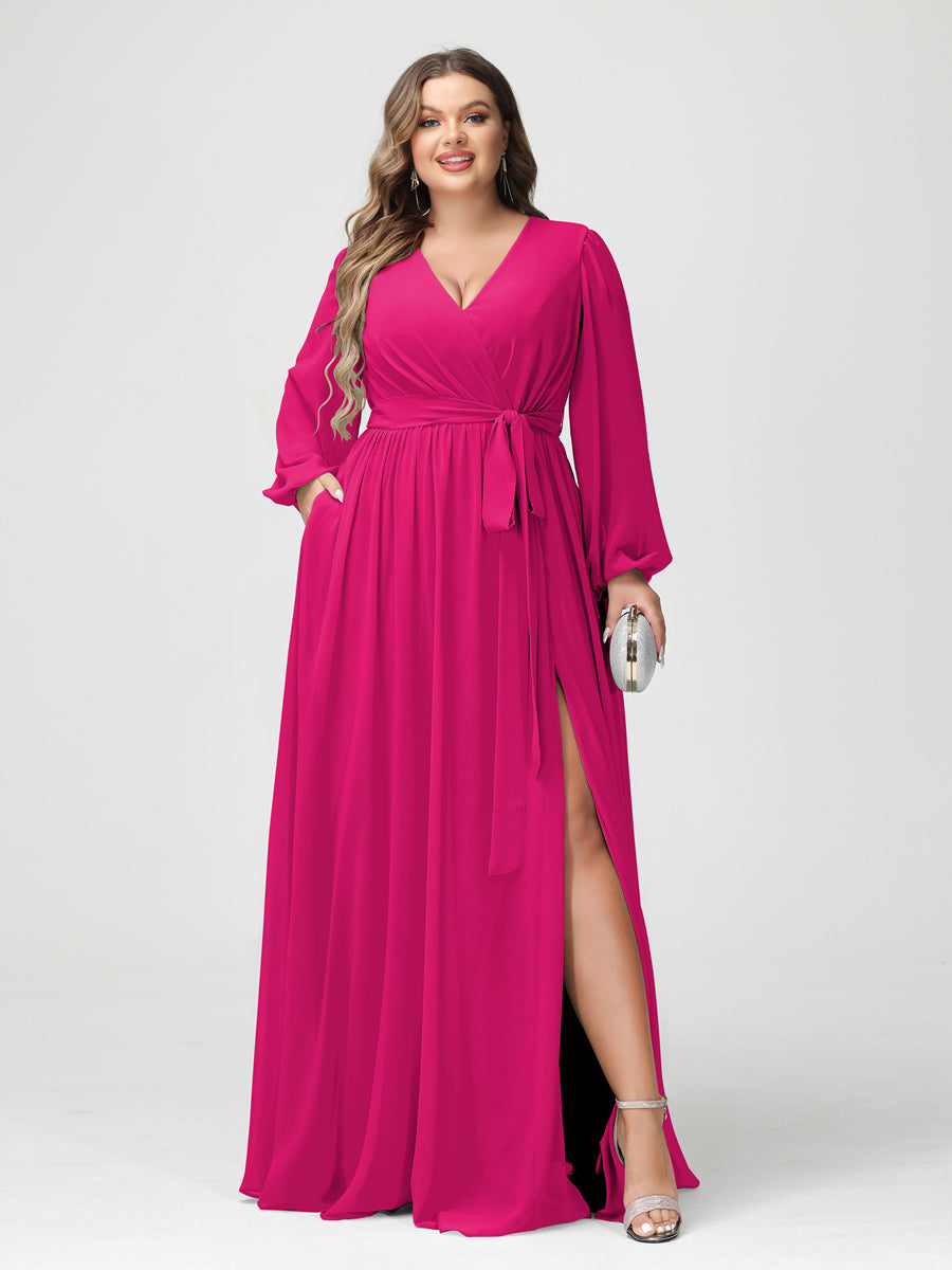 A-Line/Princess V-Neck Long Sleeves Chiffon Plus Size Bridesmaid Dresses with Pockets Fuchsia Pink