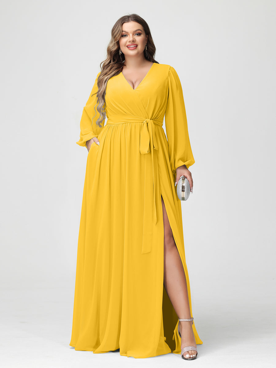A-Line/Princess V-Neck Long Sleeves Chiffon Plus Size Bridesmaid Dresses with Pockets Gold