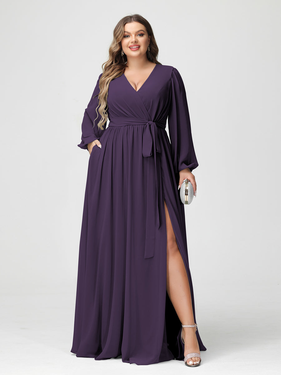A-Line/Princess V-Neck Long Sleeves Chiffon Plus Size Bridesmaid Dresses with Pockets Grape