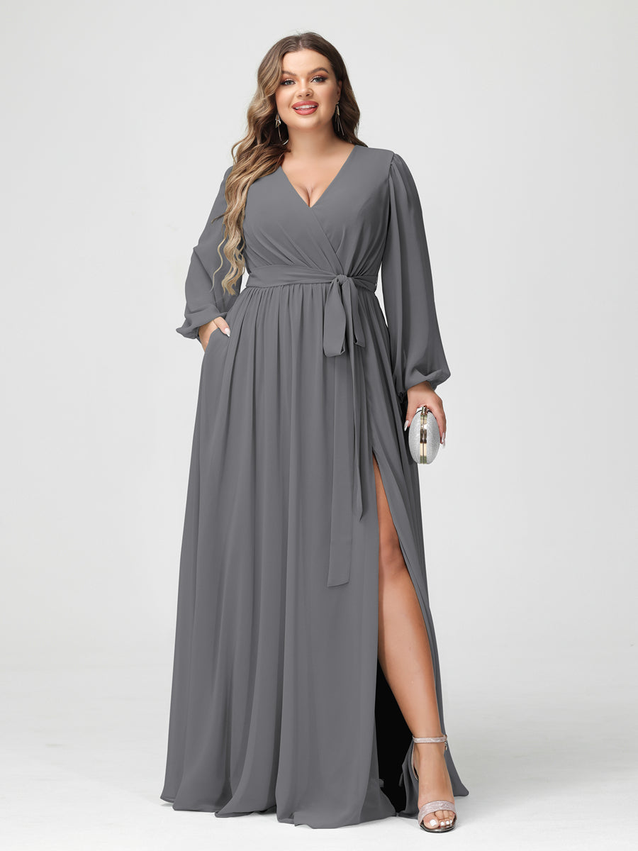 A-Line/Princess V-Neck Long Sleeves Chiffon Plus Size Bridesmaid Dresses with Pockets Gray