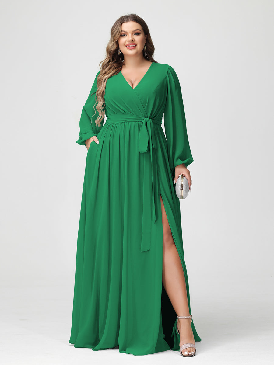 A-Line/Princess V-Neck Long Sleeves Chiffon Plus Size Bridesmaid Dresses with Pockets Green