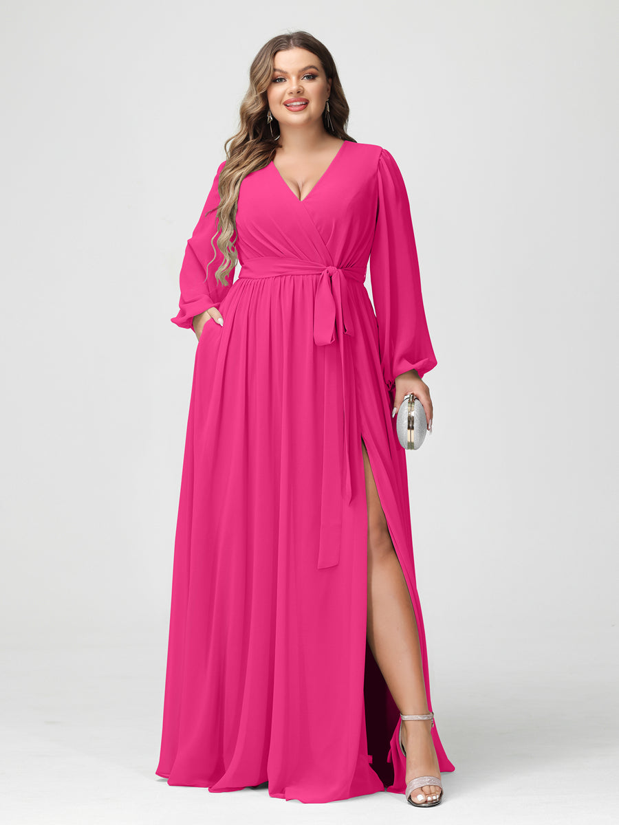 A-Line/Princess V-Neck Long Sleeves Chiffon Plus Size Bridesmaid Dresses with Pockets Hot Pink