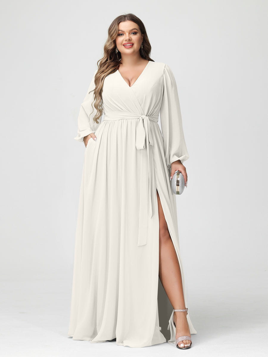 A-Line/Princess V-Neck Long Sleeves Chiffon Plus Size Bridesmaid Dresses with Pockets Ivory