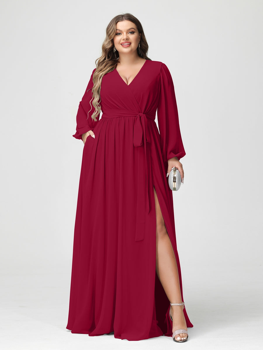 A-Line/Princess V-Neck Long Sleeves Chiffon Plus Size Bridesmaid Dresses with Pockets Light Burgundy