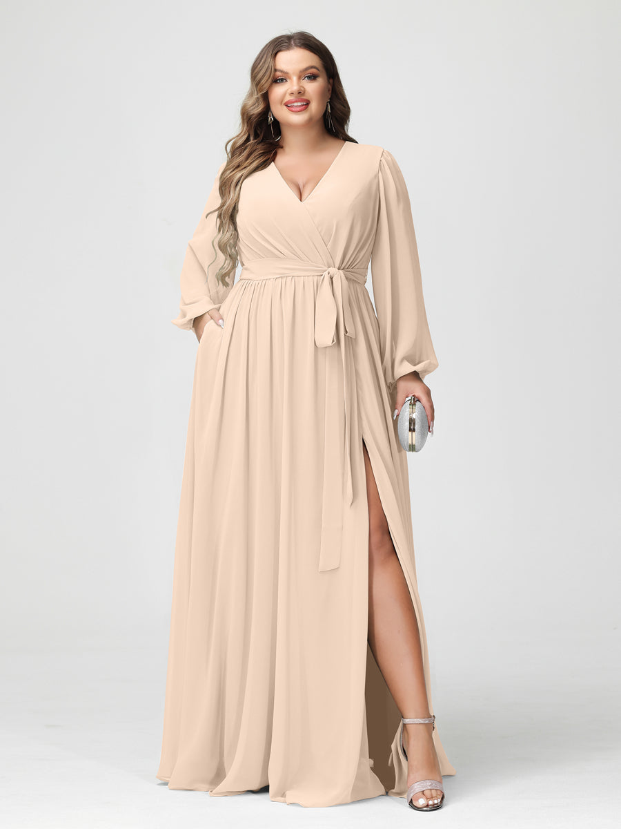 A-Line/Princess V-Neck Long Sleeves Chiffon Plus Size Bridesmaid Dresses with Pockets Light Champagne