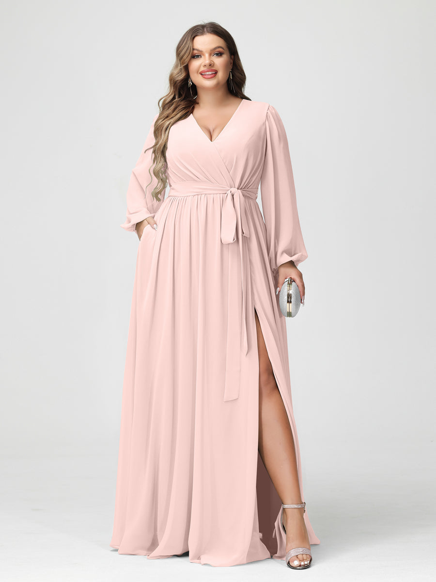 A-Line/Princess V-Neck Long Sleeves Chiffon Plus Size Bridesmaid Dresses with Pockets Light Pink