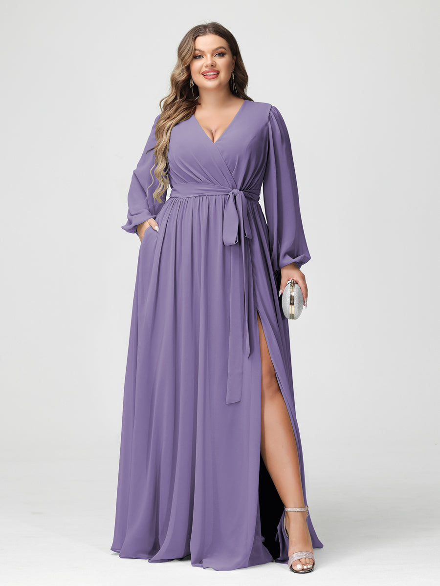 A-Line/Princess V-Neck Long Sleeves Chiffon Plus Size Bridesmaid Dresses with Pockets Light Purple