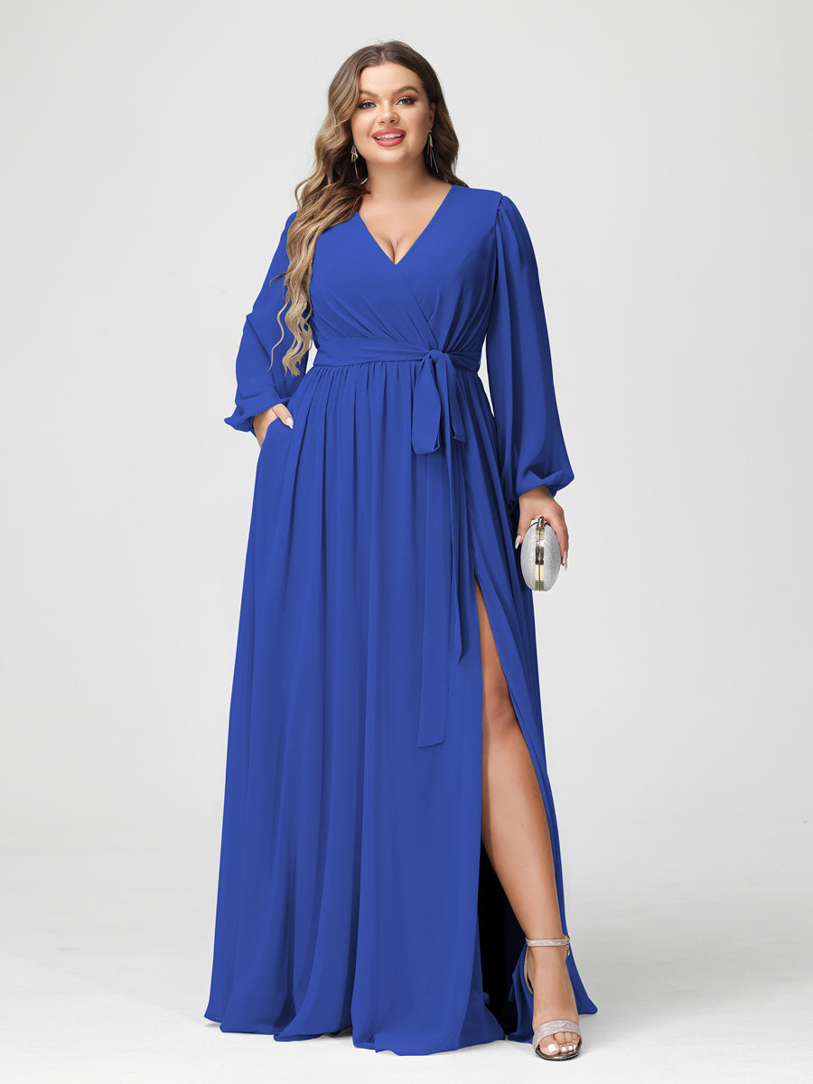 A-Line/Princess V-Neck Long Sleeves Chiffon Plus Size Bridesmaid Dresses with Pockets Light Royal Blue
