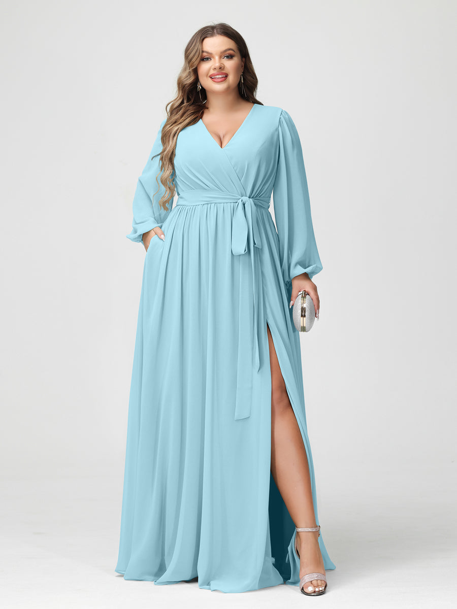 A-Line/Princess V-Neck Long Sleeves Chiffon Plus Size Bridesmaid Dresses with Pockets Light Sky Blue