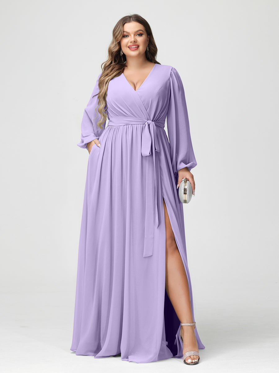 A-Line/Princess V-Neck Long Sleeves Chiffon Plus Size Bridesmaid Dresses with Pockets Lilac