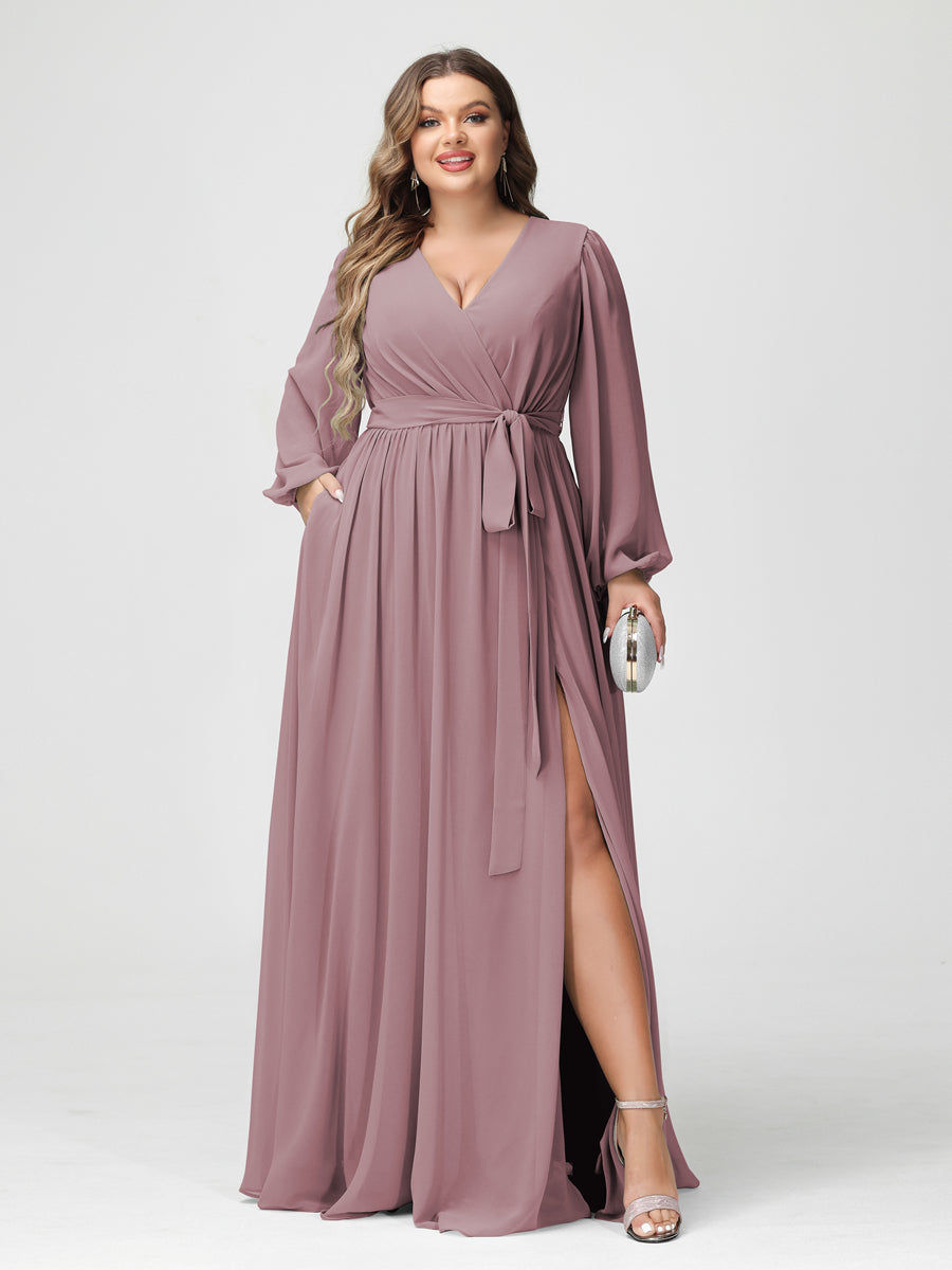 A-Line/Princess V-Neck Long Sleeves Chiffon Plus Size Bridesmaid Dresses with Pockets Mauve