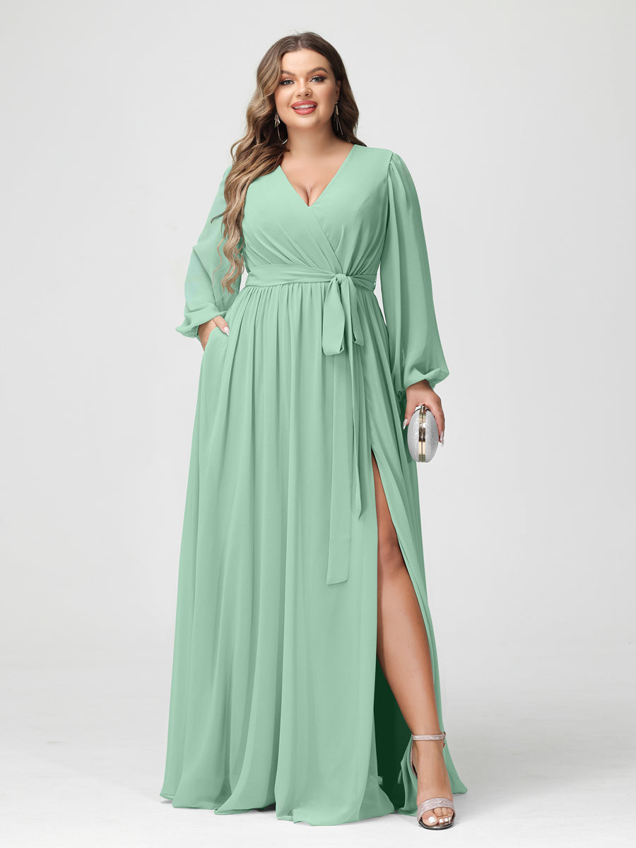A-Line/Princess V-Neck Long Sleeves Chiffon Plus Size Bridesmaid Dresses with Pockets Mint Green