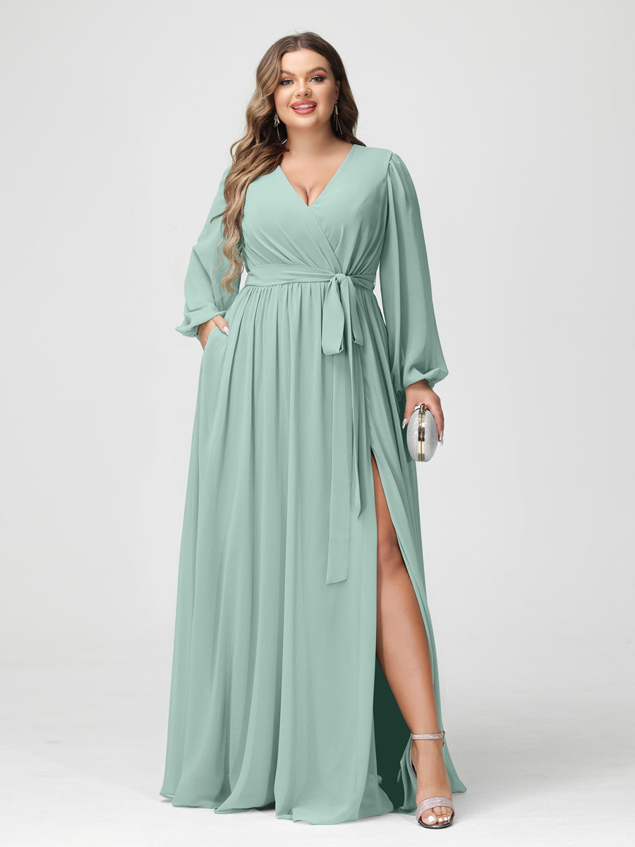 A-Line/Princess V-Neck Long Sleeves Chiffon Plus Size Bridesmaid Dresses with Pockets Mist Blue