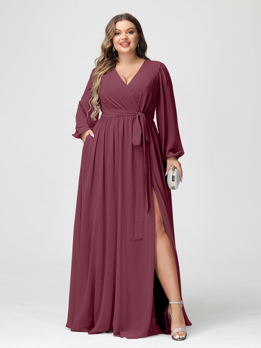 A-Line/Princess V-Neck Long Sleeves Chiffon Plus Size Bridesmaid Dresses with Pockets Mulberry