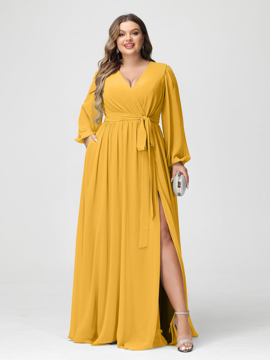 A-Line/Princess V-Neck Long Sleeves Chiffon Plus Size Bridesmaid Dresses with Pockets Mustard Yellow