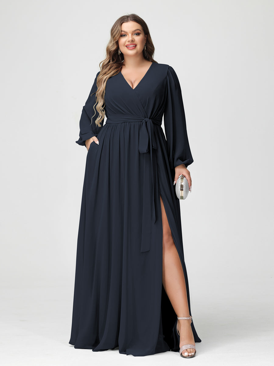 A-Line/Princess V-Neck Long Sleeves Chiffon Plus Size Bridesmaid Dresses with Pockets Navy Blue