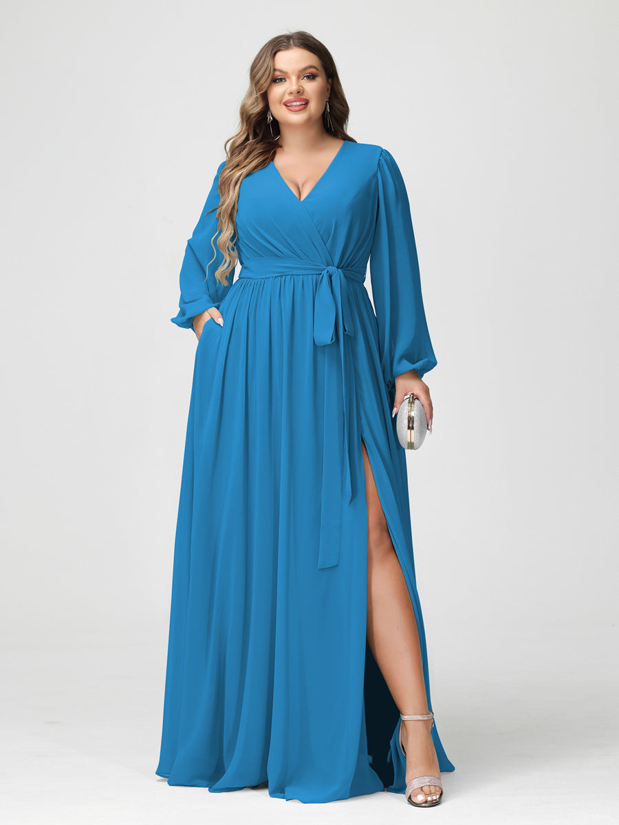 A-Line/Princess V-Neck Long Sleeves Chiffon Plus Size Bridesmaid Dresses with Pockets Ocean Blue