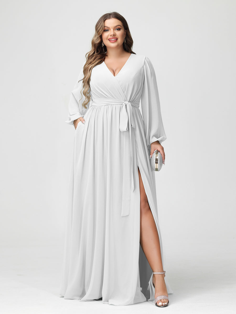 A-Line/Princess V-Neck Long Sleeves Chiffon Plus Size Bridesmaid Dresses with Pockets Off White