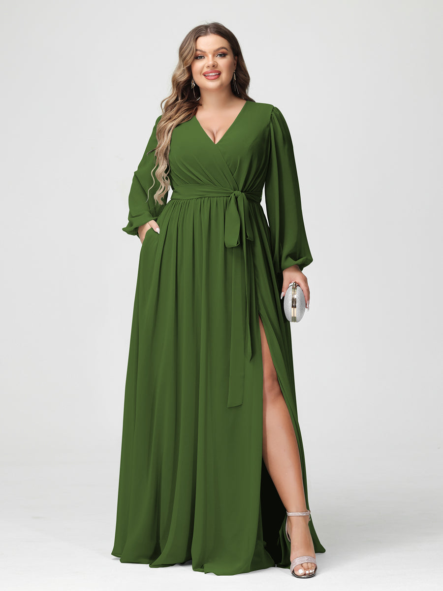 A-Line/Princess V-Neck Long Sleeves Chiffon Plus Size Bridesmaid Dresses with Pockets Olive Green