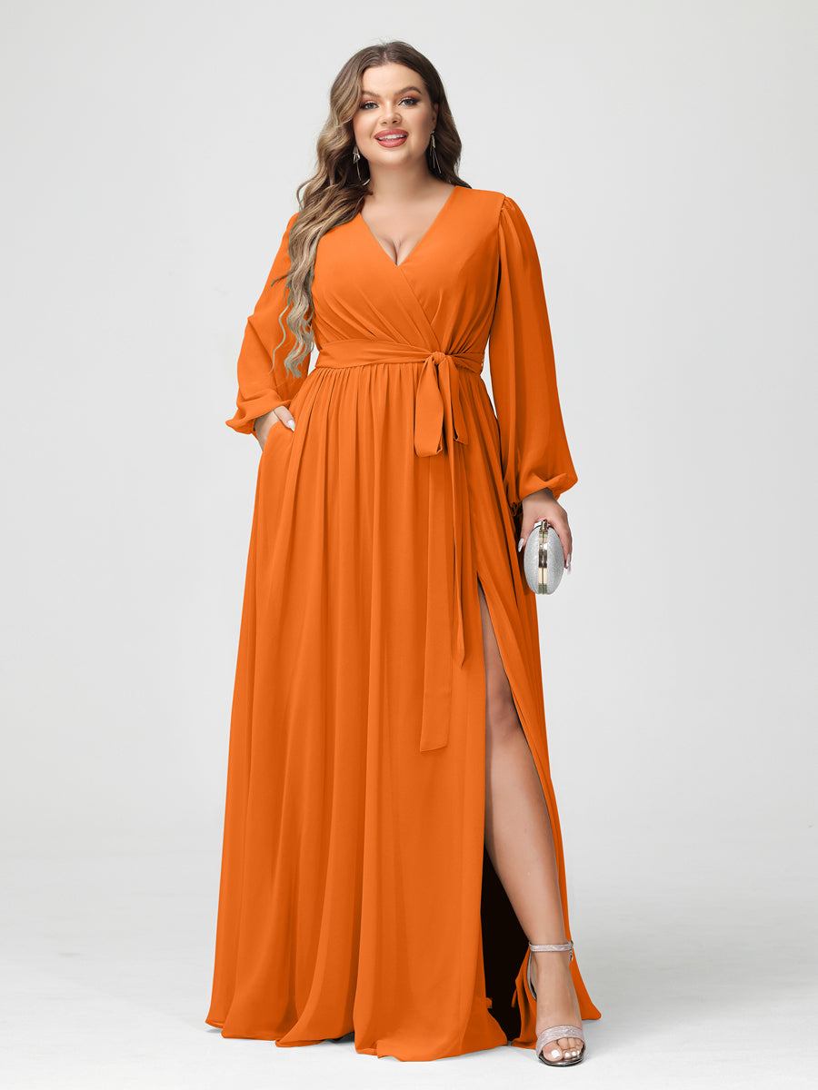 A-Line/Princess V-Neck Long Sleeves Chiffon Plus Size Bridesmaid Dresses with Pockets Orange