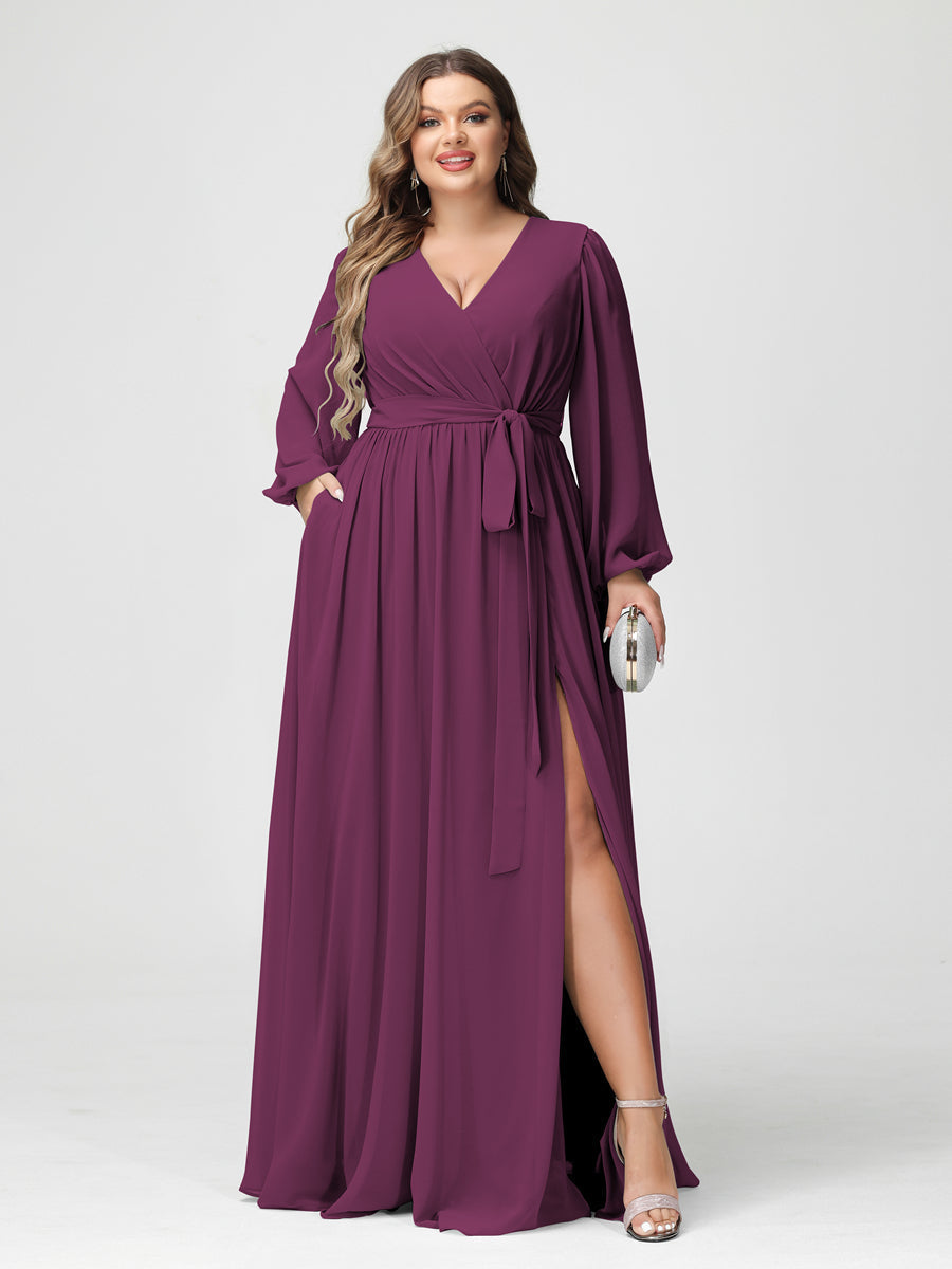 A-Line/Princess V-Neck Long Sleeves Chiffon Plus Size Bridesmaid Dresses with Pockets Orchid