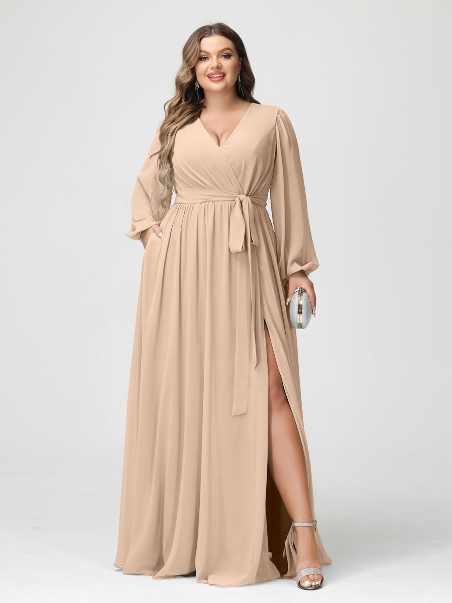 A-Line/Princess V-Neck Long Sleeves Chiffon Plus Size Bridesmaid Dresses with Pockets Peach Pink