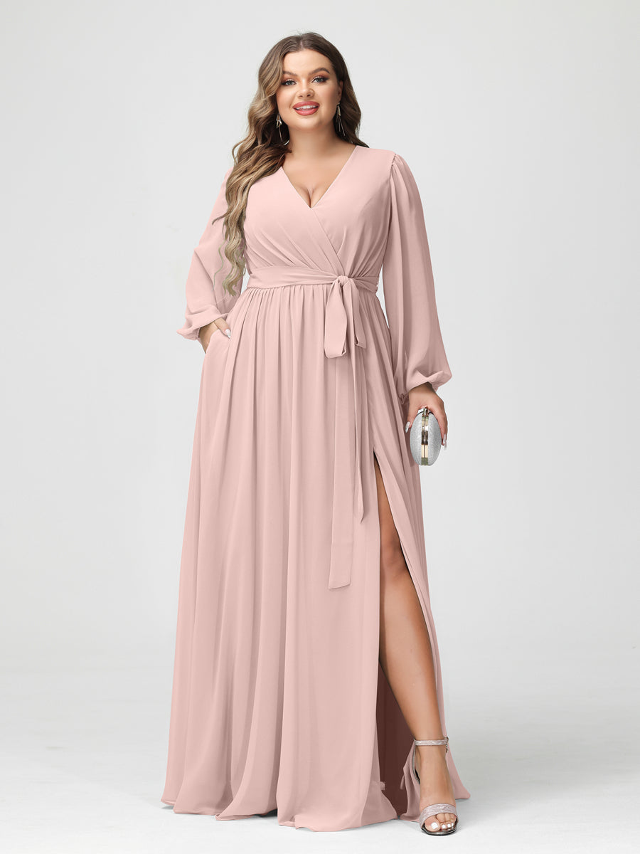 A-Line/Princess V-Neck Long Sleeves Chiffon Plus Size Bridesmaid Dresses with Pockets Pearl Pink