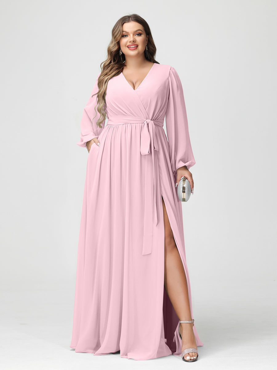 A-Line/Princess V-Neck Long Sleeves Chiffon Plus Size Bridesmaid Dresses with Pockets Pink