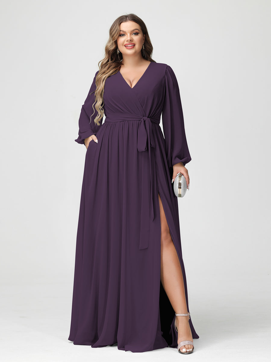 A-Line/Princess V-Neck Long Sleeves Chiffon Plus Size Bridesmaid Dresses with Pockets Plum