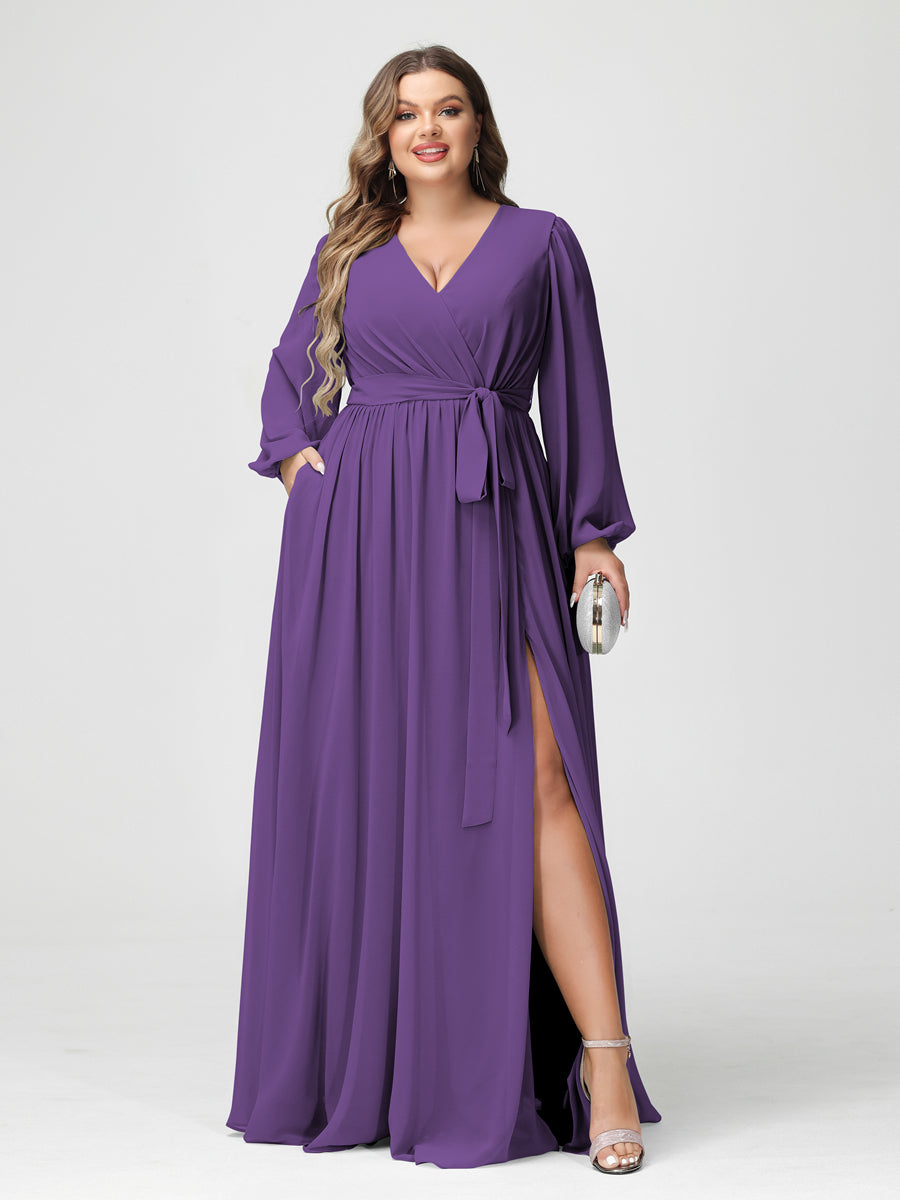 A-Line/Princess V-Neck Long Sleeves Chiffon Plus Size Bridesmaid Dresses with Pockets Purple