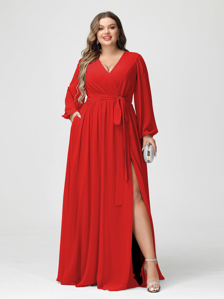 A-Line/Princess V-Neck Long Sleeves Chiffon Plus Size Bridesmaid Dresses with Pockets Red