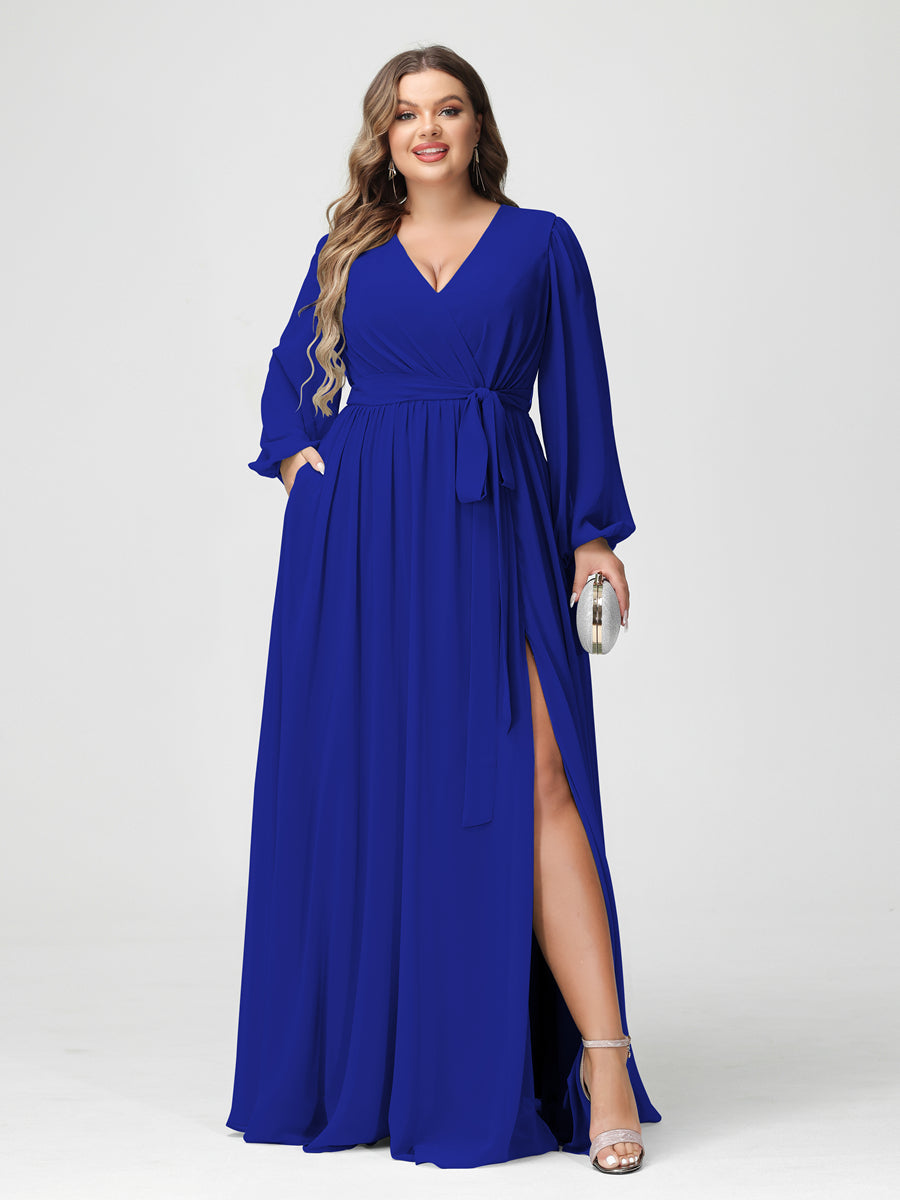 A-Line/Princess V-Neck Long Sleeves Chiffon Plus Size Bridesmaid Dresses with Pockets Royal Blue