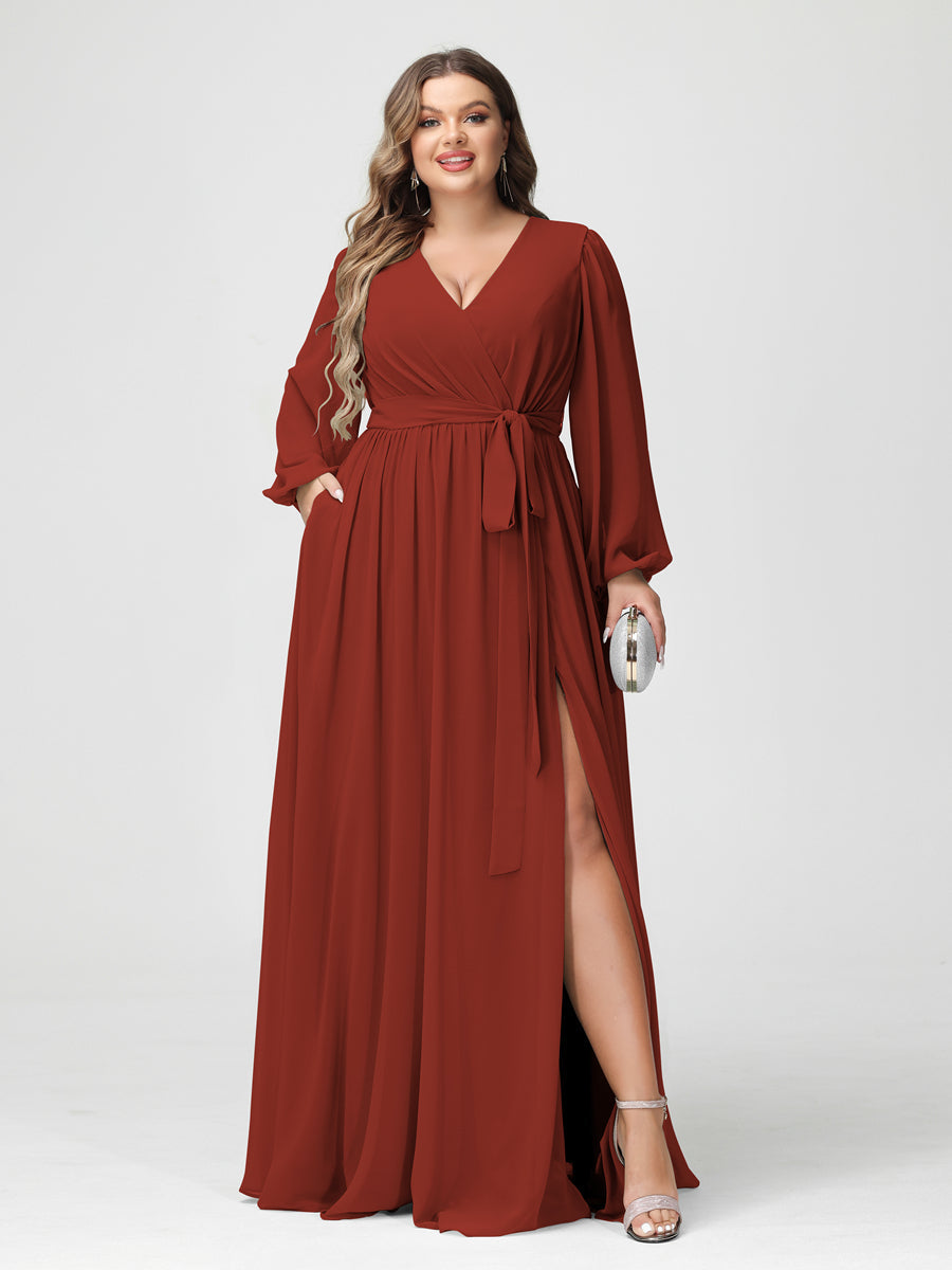 A-Line/Princess V-Neck Long Sleeves Chiffon Plus Size Bridesmaid Dresses with Pockets Rust