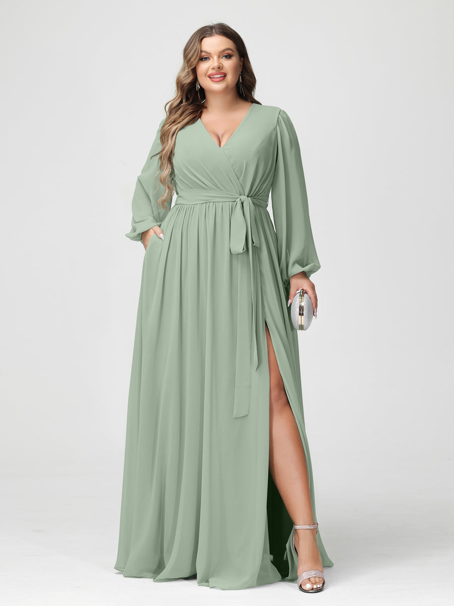 A-Line/Princess V-Neck Long Sleeves Chiffon Plus Size Bridesmaid Dresses with Pockets Sage