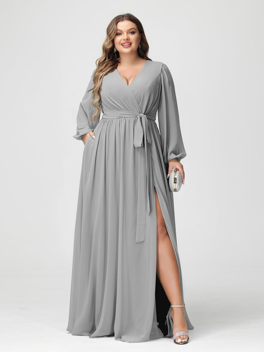 A-Line/Princess V-Neck Long Sleeves Chiffon Plus Size Bridesmaid Dresses with Pockets Silver