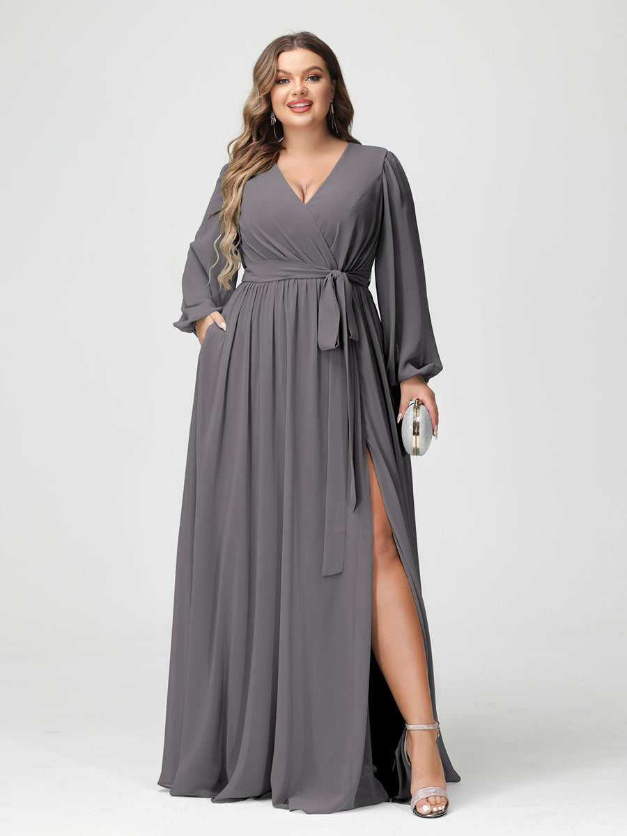 A-Line/Princess V-Neck Long Sleeves Chiffon Plus Size Bridesmaid Dresses with Pockets Silver Gray