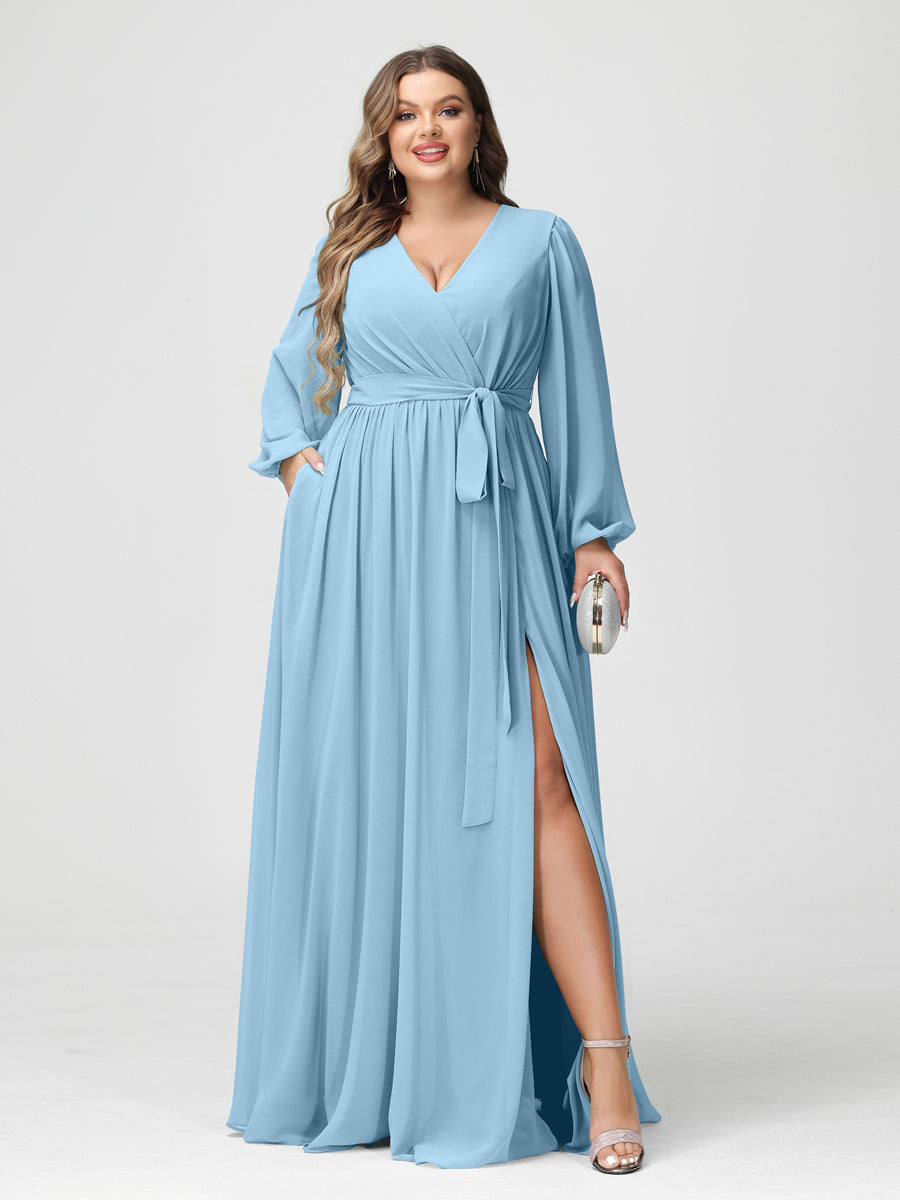 A-Line/Princess V-Neck Long Sleeves Chiffon Plus Size Bridesmaid Dresses with Pockets Sky Blue