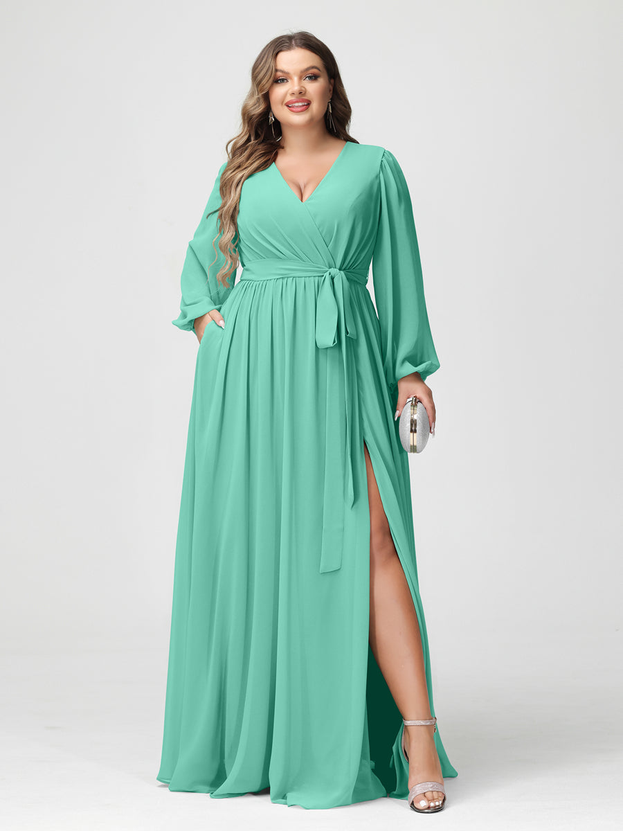 A-Line/Princess V-Neck Long Sleeves Chiffon Plus Size Bridesmaid Dresses with Pockets Spa